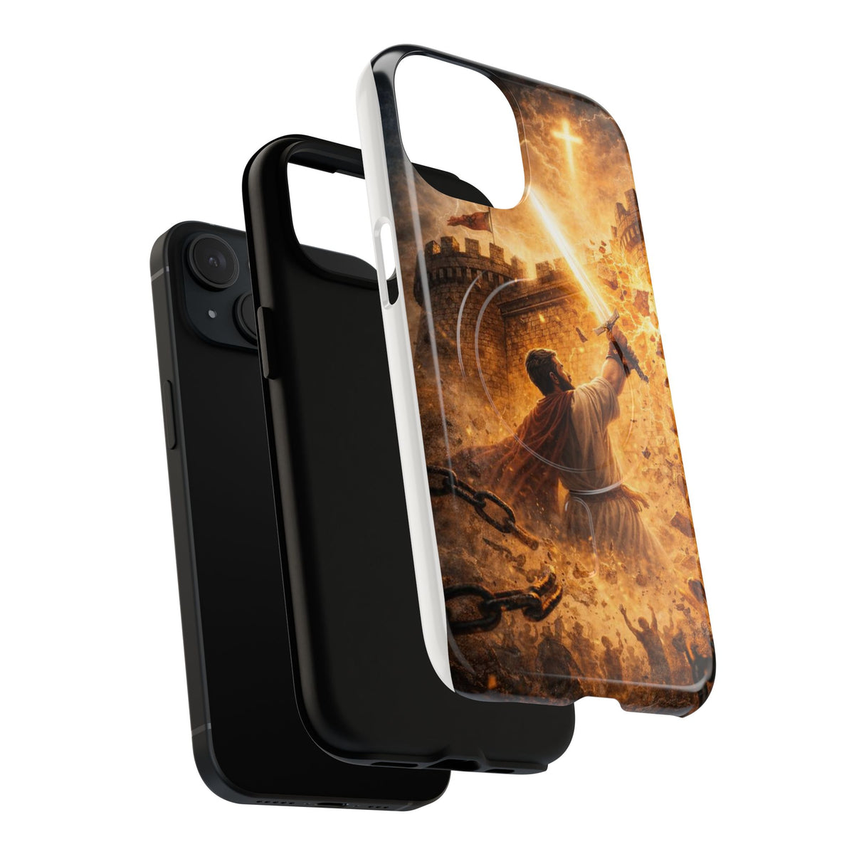 Christian Knight Phone Case — Tough Magnetic iPhone Cover with Prayerful Sword & Cross Design