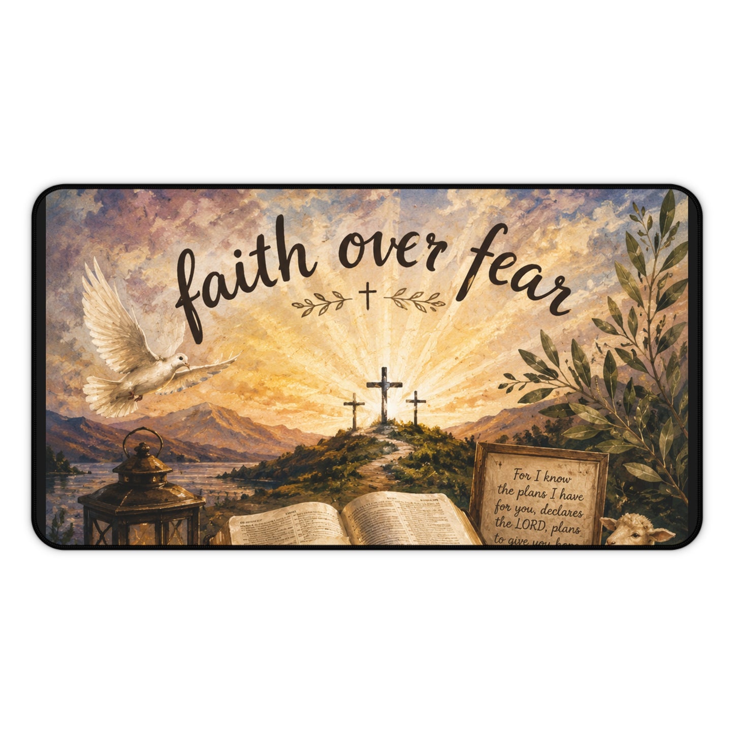 Faith Over Fear Desk Mat — Inspirational Christian Desk Mat with Bible, Crosses & Dove
