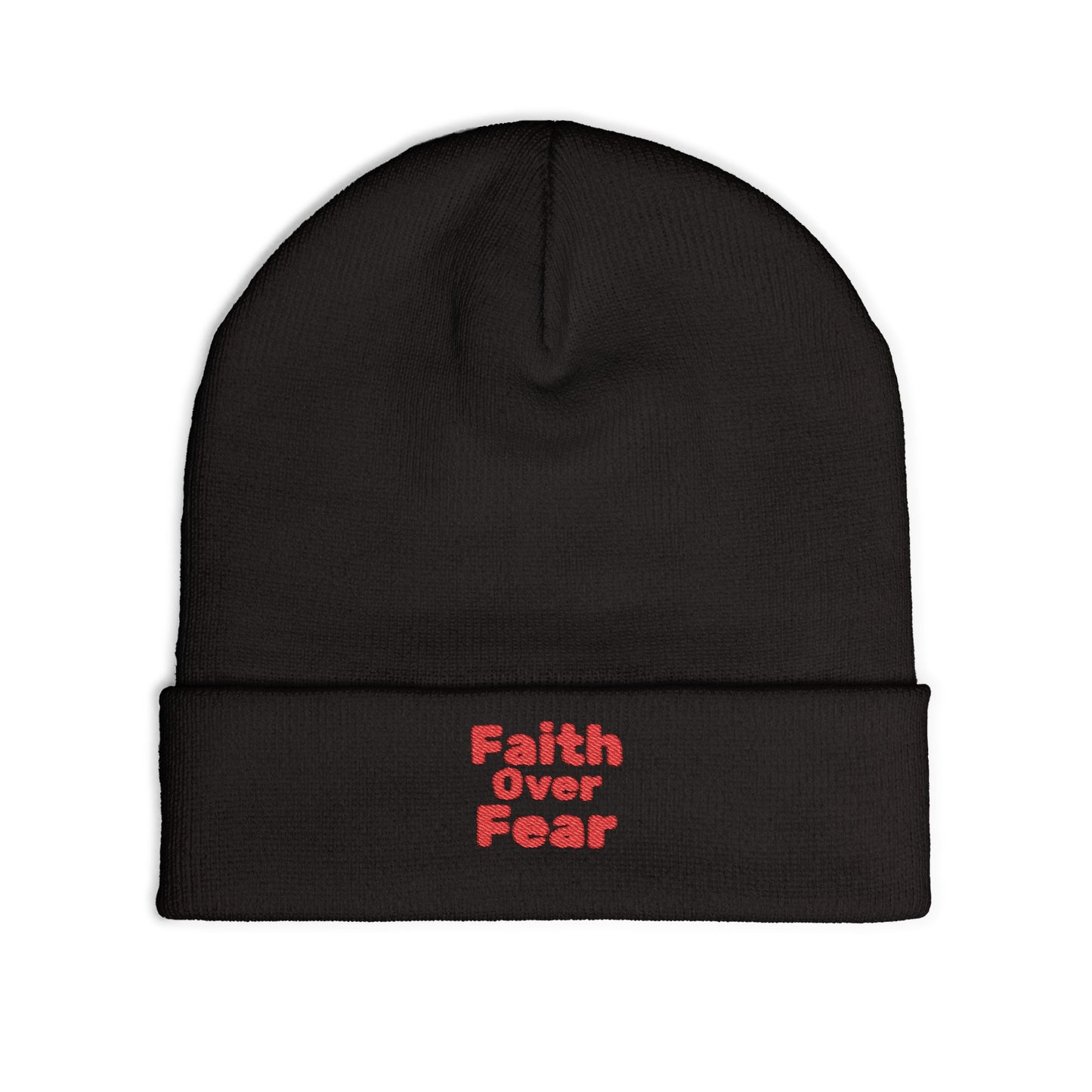 Embroidered "Faith Over Fear" Knit Beanie — Cozy Christian Winter Hat