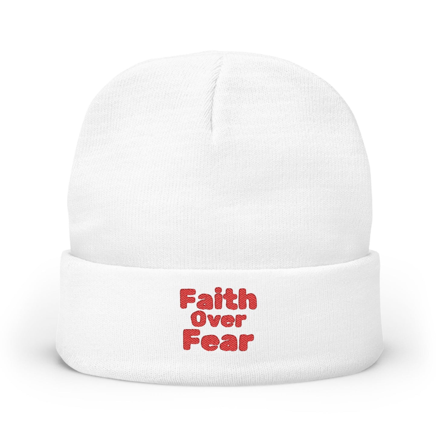 Embroidered "Faith Over Fear" Knit Beanie — Cozy Christian Winter Hat