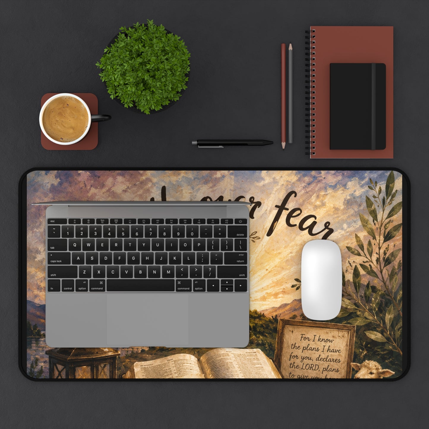 Faith Over Fear Desk Mat — Inspirational Christian Desk Mat with Bible, Crosses & Dove