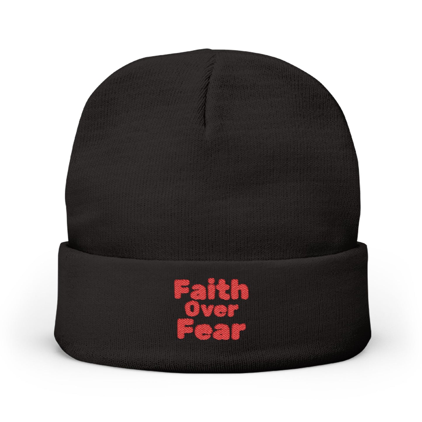 Embroidered "Faith Over Fear" Knit Beanie — Cozy Christian Winter Hat