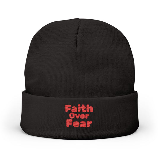 Embroidered "Faith Over Fear" Knit Beanie — Cozy Christian Winter Hat