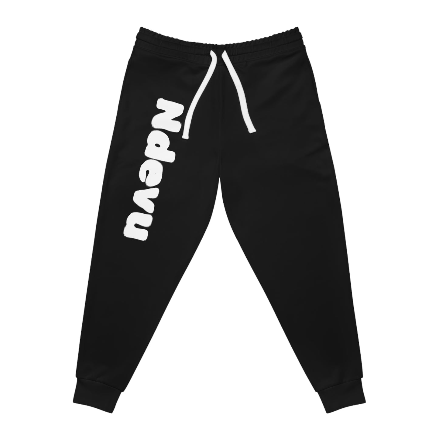 Name-Print Athletic Joggers — Black Joggers with Vertical "Ndevn" Graphic