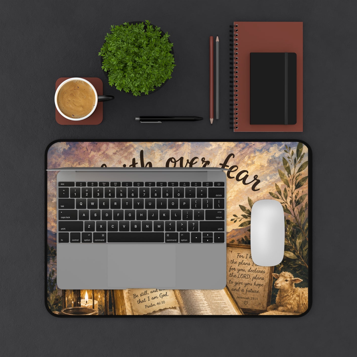 Faith Over Fear Desk Mat — Inspirational Christian Desk Mat with Bible, Crosses & Dove