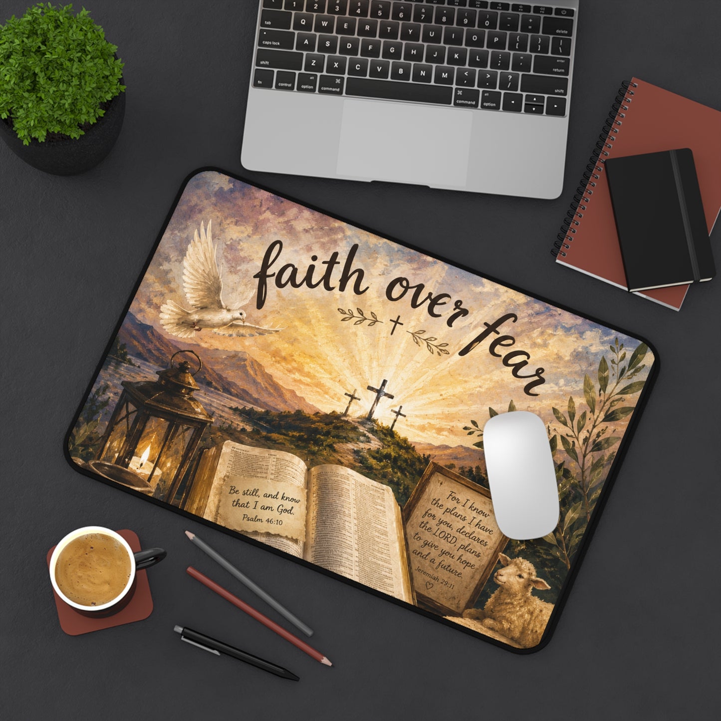 Faith Over Fear Desk Mat — Inspirational Christian Desk Mat with Bible, Crosses & Dove