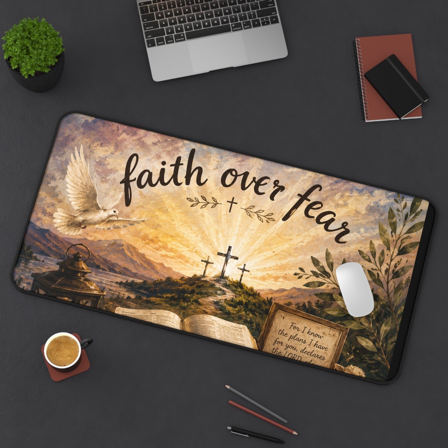 Faith Over Fear Desk Mat — Inspirational Christian Desk Mat with Bible, Crosses & Dove