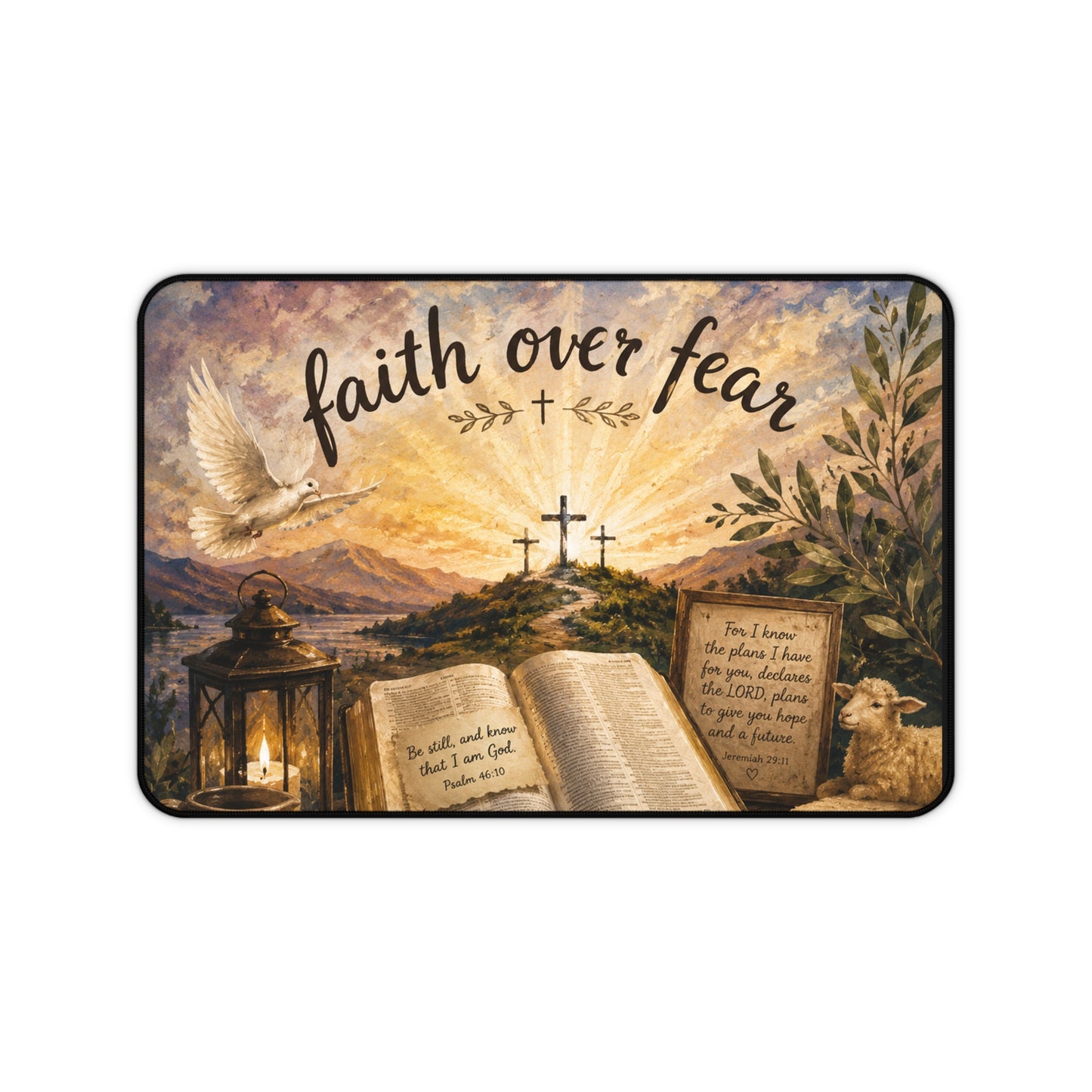 Faith Over Fear Desk Mat — Inspirational Christian Desk Mat with Bible, Crosses & Dove