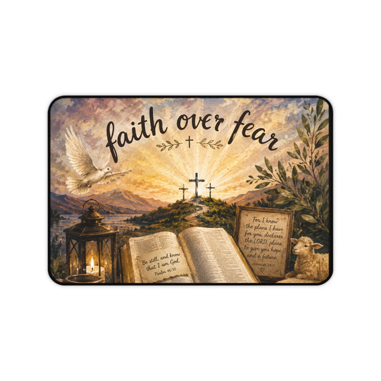 Faith Over Fear Desk Mat — Inspirational Christian Desk Mat with Bible, Crosses & Dove