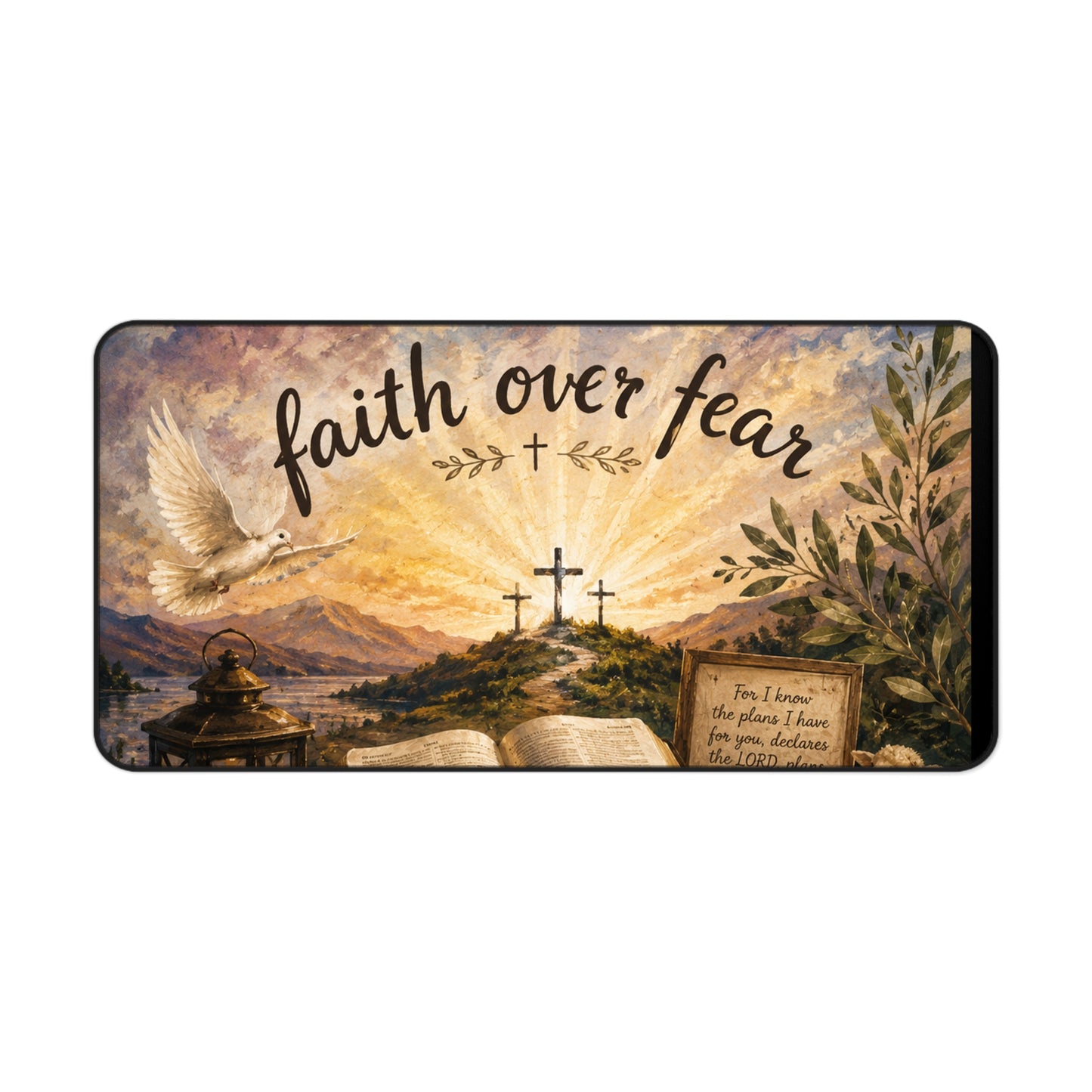 Faith Over Fear Desk Mat — Inspirational Christian Desk Mat with Bible, Crosses & Dove