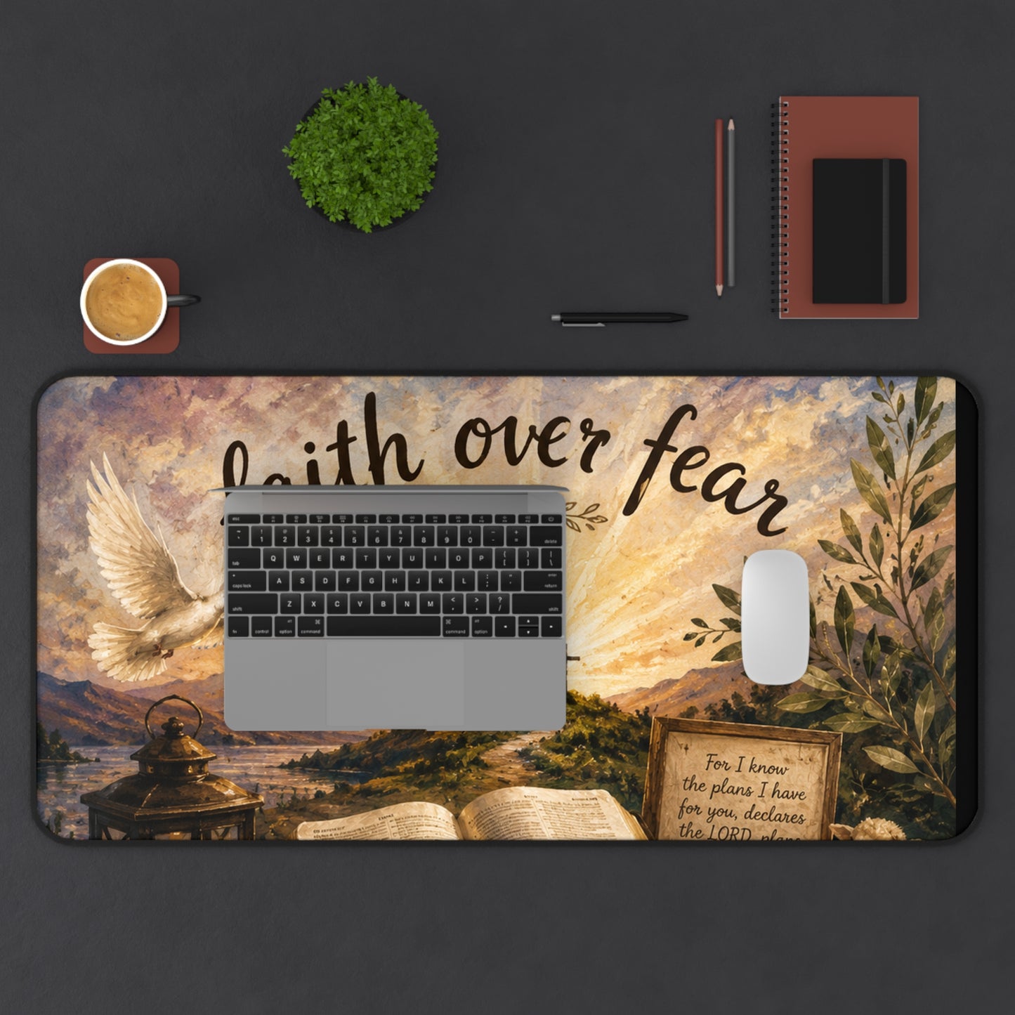 Faith Over Fear Desk Mat — Inspirational Christian Desk Mat with Bible, Crosses & Dove