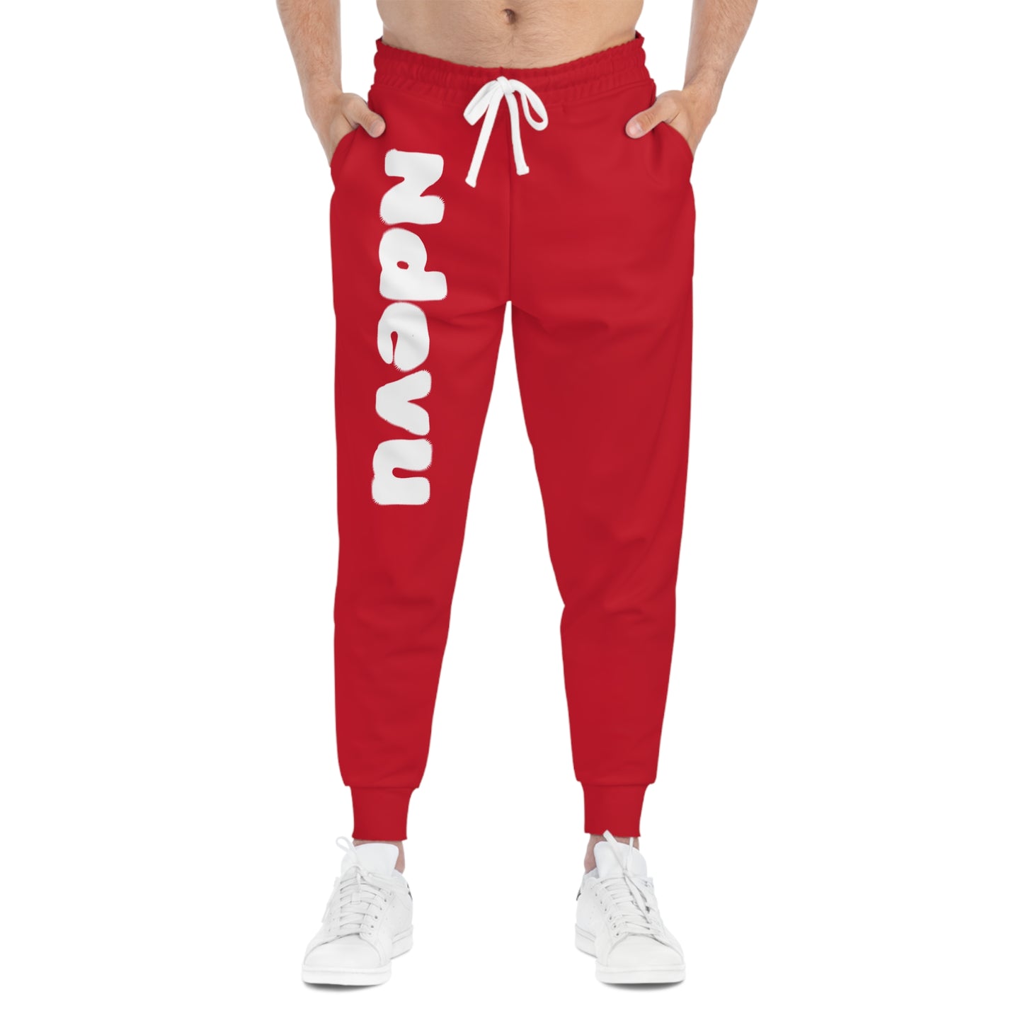 Red Athletic Joggers with Bold Vertical "Ndevu" Graphic — Casual Sport Sweatpants