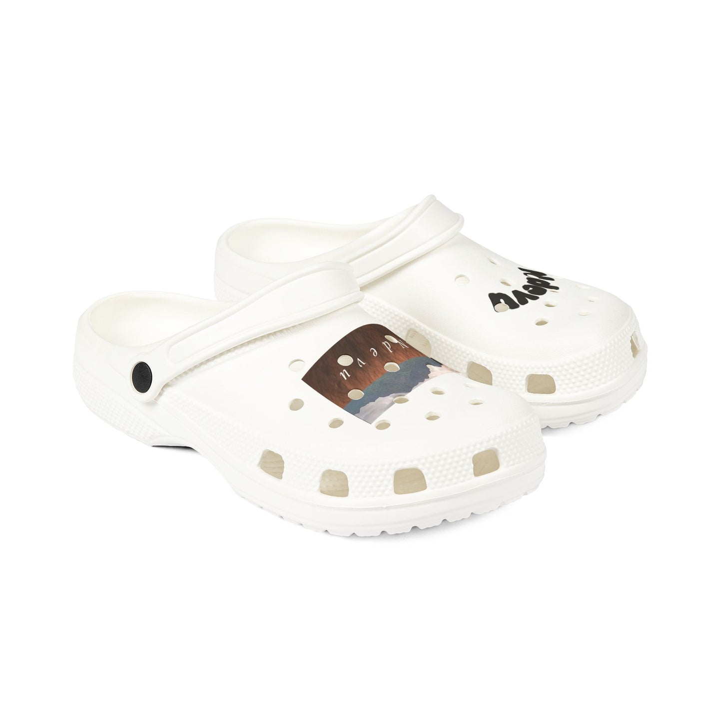 White EVA Foam Clogs with Scenic Patch — Comfortable Slip-On Sandals