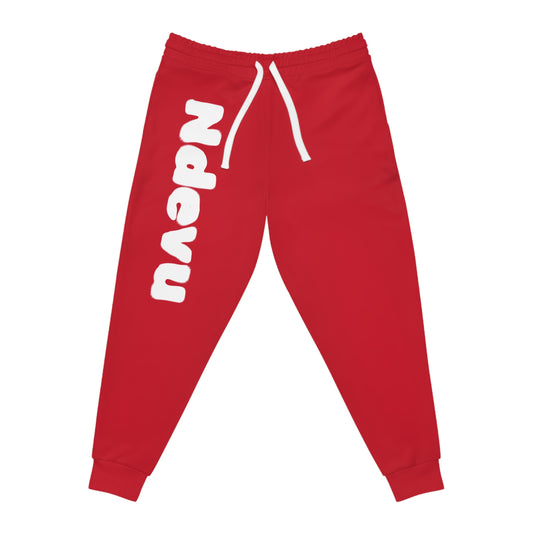 Red Athletic Joggers with Bold Vertical "Ndevu" Graphic — Casual Sport Sweatpants