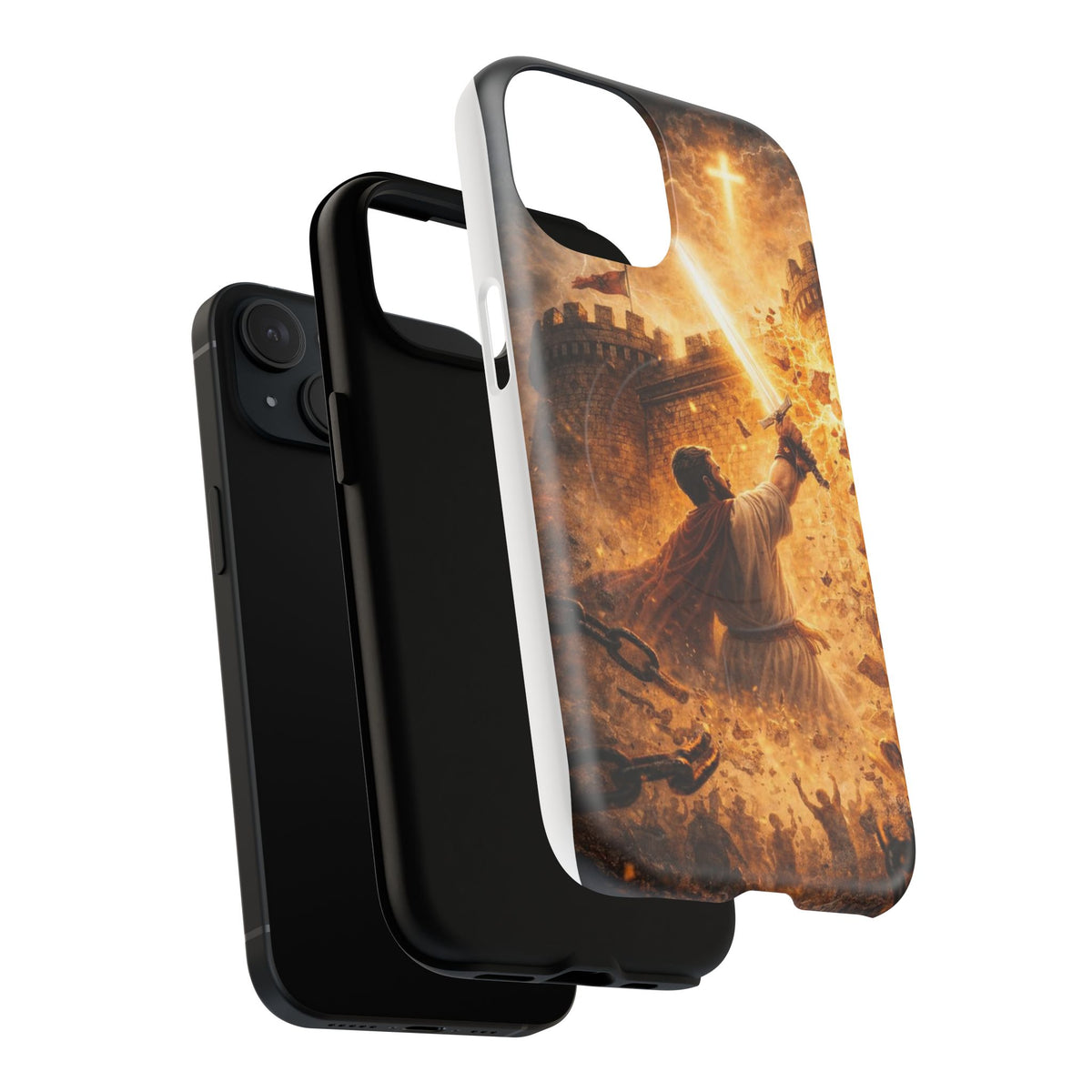 Christian Knight Phone Case — Tough Magnetic iPhone Cover with Prayerful Sword & Cross Design