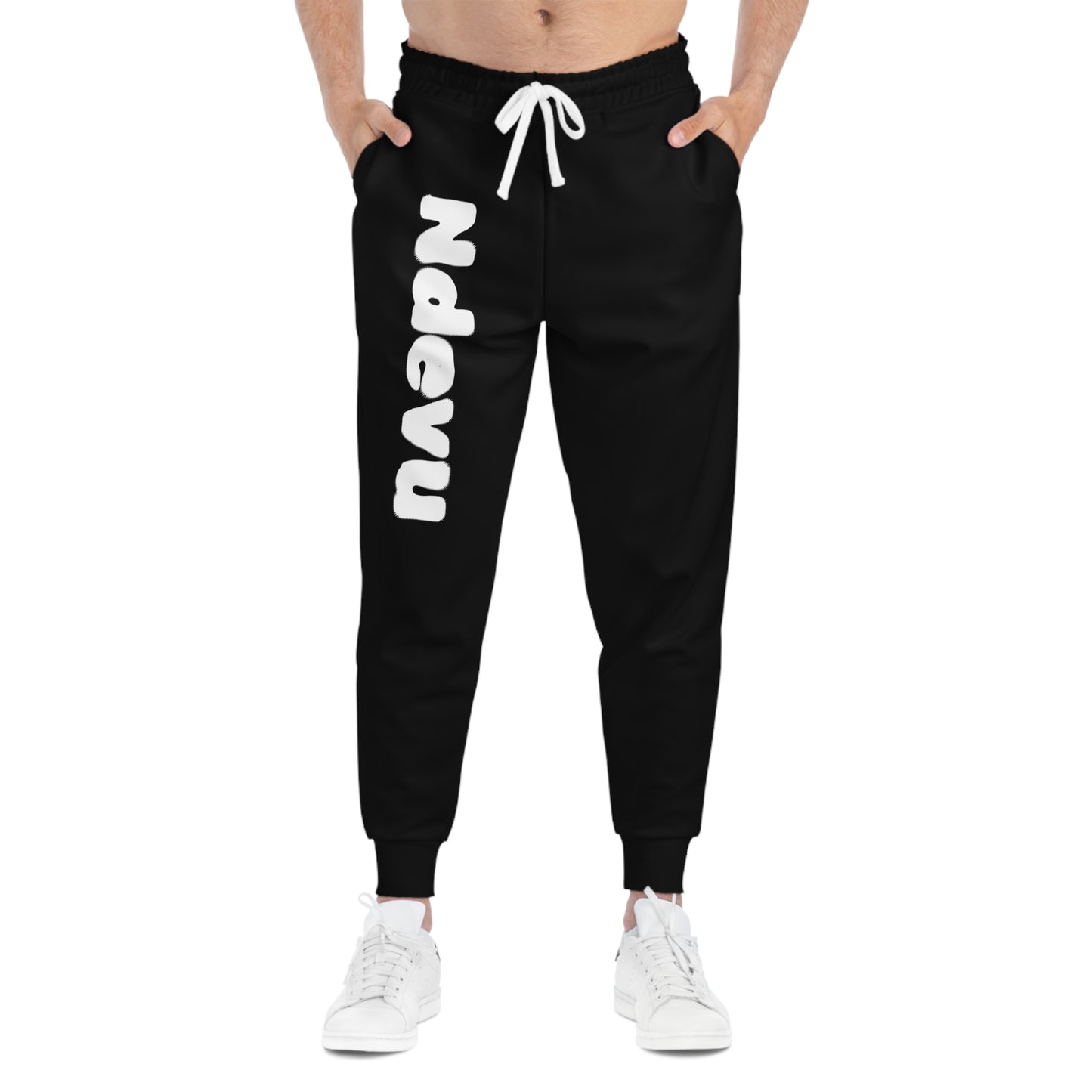 Name-Print Athletic Joggers — Black Joggers with Vertical "Ndevn" Graphic
