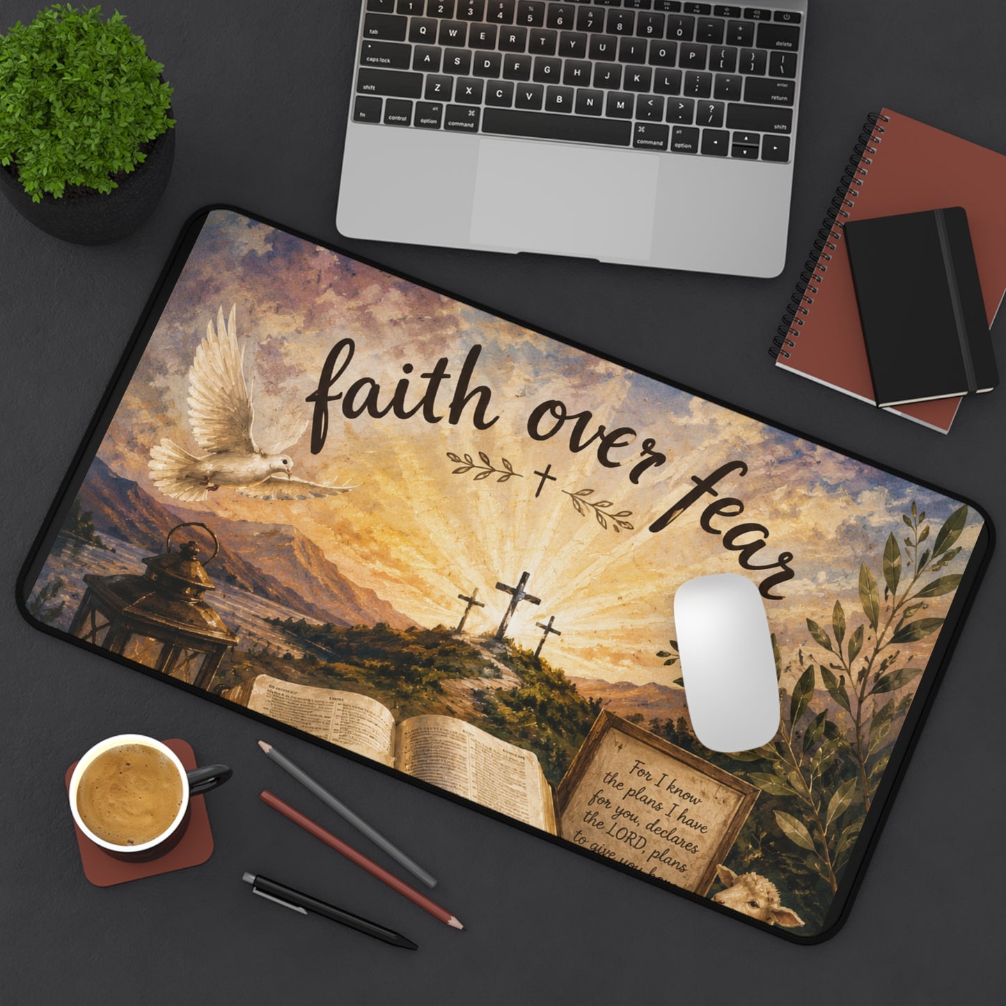 Faith Over Fear Desk Mat — Inspirational Christian Desk Mat with Bible, Crosses & Dove